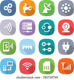 flat vector icon set - gear vector, satellite, antenna, round around, wireless, server, quantum bond, web cam, mobile pay, bridge, charge particle, plug, data transfer, sim card, signal