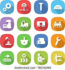 flat vector icon set - gear vector, laser, nail, hangare, factory, fork loader, railroad shipping, press, ladle, pipes, wrench, conveyor, water pump, skyscrapers cleaning