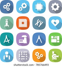 flat vector icon set - gear vector, chip, dna modify, cpu, chromosomes, pacemaker, draw compass, factory, drawing compasses, consolidated cargo, workman, circuit, gears, water pump