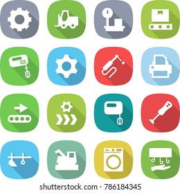 Flat Vector Icon Set - Gear Vector, Fork Loader, Warehouse Scales, Transporter Tape, Mixer, Welding, Printer, Conveyor, Blender, Plow, Harvester, Washing Machine, Hand Dryer