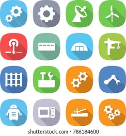 flat vector icon set - gear vector, satellite antenna, windmill, laser, bunker, hangare, tower crane, pallet, repair tools, gears, robot hand, microwave oven, soil cutter