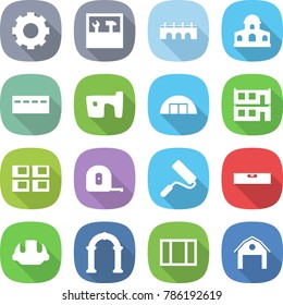 flat vector icon set - gear vector, tools, bridge, mansion, bunker, slum, hangare, modular house, panel, measuring tape, repair, level, building helmet, arch, window, barn