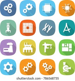 flat vector icon set - gear vector, chip, dna modify, cpu, chromosomes, draw compass, factory, tower crane, consolidated cargo, gears, water pump