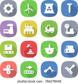 flat vector icon set - gear vector, windmill, nuclear power, nail, factory, fork loader, warehouse scales, transporter tape, press, ladle, pipes, metal rolling, conveyor, robot hand, scraper