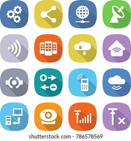 flat vector icon set - gear vector, molecule, globe connect, satellite antenna, wireless, server, cloud service, home, charge particle, mobile phone, data transfer, web camera, signal, no