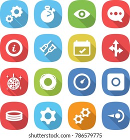 flat vector icon set - gear vector, stopwatch, eye, balloon, info, crutch, terms, route, disco ball, lifebuoy, barometer, ring button, inflatable pool, gears, photon