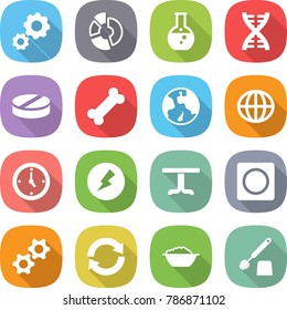 flat vector icon set - gear vector, circle diagram, round flask, dna, pill, bone, earth, globe, watch, electricity, table, ring button, gears, reload, foam basin, toilet brush
