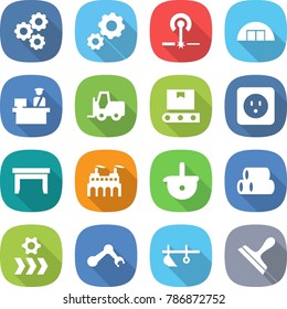 flat vector icon set - gear vector, laser, hangare, customs control, fork loader, transporter tape, power socket, table, factory, ladle, pipes, conveyor, robot hand, plow, scraper