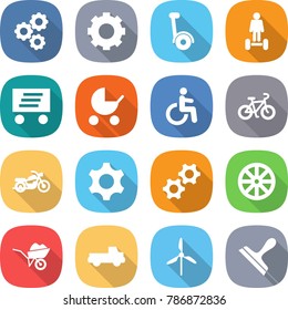 flat vector icon set - gear vector, gyroscooter, hoverboard, delivery, baby stroller, disability, bike, motorcycle, gears, wheel, wheelbarrow, pickup, windmill, scraper
