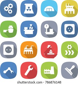 flat vector icon set - gear vector, nuclear power, hangare, factory, port, customs control, warehouse scales, socket, press, conveyor, robot hand, wrench, scraper