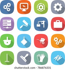 flat vector icon set - gear vector, monitor arrow, around, server, repair, loading, suitcase, ladle, rag, wheelbarrow, gears, rake, scraper, gloves, clothespin