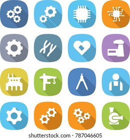 flat vector icon set - gear vector, chip, chromosomes, pacemaker, factory, tower crane, drawing compasses, workman, gears, water pump