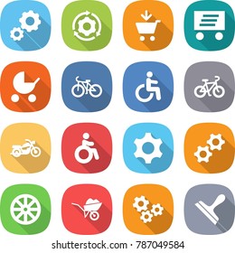 flat vector icon set - gear vector, around, add to cart, delivery, baby stroller, bike, disability, motorcycle, invalid, gears, wheel, wheelbarrow, scraper