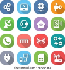 flat vector icon set - gear vector, notebook, globe connect, satellite, antenna, quantum bond, wireless home, mobile pay, phone, bridge, charge particle, plug, data transfer, sim card, router