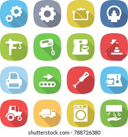 flat vector icon set - gear vector, electrostatic, tomography, tower crane, mixer, coffee maker, press, printer, conveyor, blender, tractor, trash truck, washing machine, hand dryer