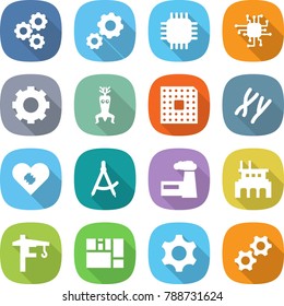 flat vector icon set - gear vector, chip, dna modify, cpu, chromosomes, pacemaker, draw compass, factory, tower crane, consolidated cargo, gears