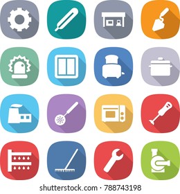 flat vector icon set - gear vector, medical thermometer, gas station, construction, alarm, power switch, toaster, pan, factory, skimmer, grill oven, blender, watering, rake, wrench, water pump