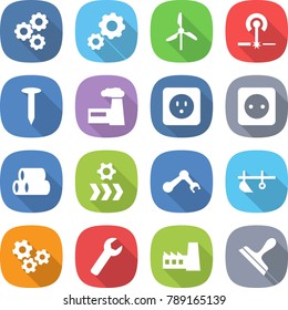 flat vector icon set - gear vector, windmill, laser, nail, factory, power socket, pipes, conveyor, robot hand, plow, gears, wrench, scraper