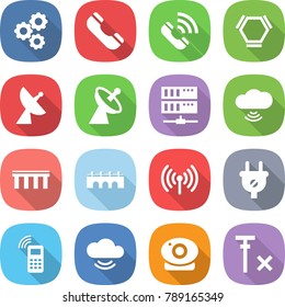 flat vector icon set - gear vector, phone, call, hex molecule, satellite antenna, server, cloud wireless, bridge, plug, mobile, service, web camera, no signal