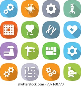 flat vector icon set - gear vector, chip, dna modify, cpu, cardio, chromosomes, pacemaker, factory, tower crane, consolidated cargo, gears, circuit, water pump