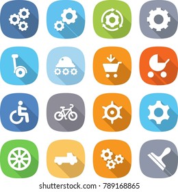 flat vector icon set - gear vector, around, gyroscooter, lunar rover, add to cart, baby stroller, disability, bike, handwheel, wheel, pickup, gears, scraper
