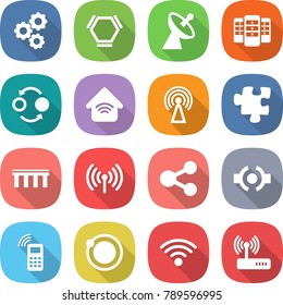 flat vector icon set - gear vector, hex molecule, satellite antenna, server, quantum bond, wireless home, puzzle, bridge, share, connect, mobile phone, orbit, router