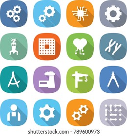 flat vector icon set - gear vector, chip, dna modify, cpu, cardio, chromosomes, draw compass, factory, tower crane, drawing compasses, workman, gears, circuit