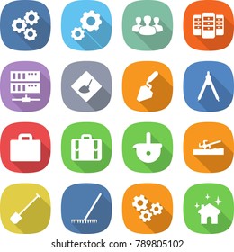 flat vector icon set - gear vector, group, server, under construction, drawing compasses, suitcase, ladle, soil cutter, shovel, rake, gears, house cleaning