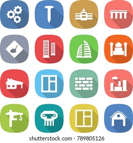 flat vector icon set - gear vector, nail, hospital, bridge, under construction, skyscrapers, skyscraper, minaret, house with garage, window, brick wall, city, tower crane, antique column, barn