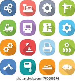 flat vector icon set - gear vector, cashbox, tower crane, fork loader, atm, coffee maker, gears, press, printer, conveyor, robot hand, mixer, soil cutter, trash truck