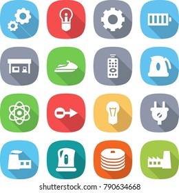 flat vector icon set - gear vector, bulb, battery, gas station, jet ski, remote control, kettle, atom, electron, plug, factory, pancakes