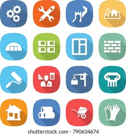 flat vector icon set - gear vector, pencil wrench, greate wall, project, hangare, panel house, window, brick, repair, architector, loading, antique column, home, pipes, wheelbarrow, gloves