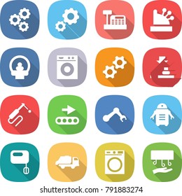 flat vector icon set - gear vector, cashbox, tomography, washing machine, gears, press, welding, conveyor, robot hand, mixer, trash truck, dryer