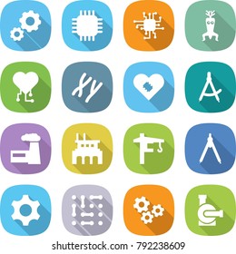 flat vector icon set - gear vector, chip, dna modify, cardio, chromosomes, pacemaker, draw compass, factory, tower crane, drawing compasses, circuit, gears, water pump