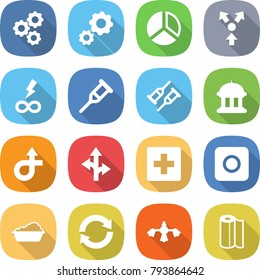 flat vector icon set - gear vector, diagram, core splitting, infinity power, crutch, goverment house, trip, route, first aid, ring button, washing, reload, hard reach place cleaning, paper towel