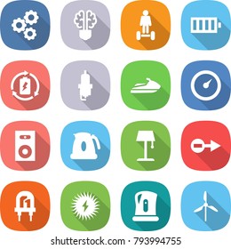 flat vector icon set - gear vector, bulb brain, hoverboard, battery, charge, spark plug, jet ski, barometer, speaker, kettle, floor lamp, electron, led, solar power, windmill