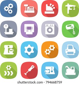 flat vector icon set - gear vector, cashbox, tower crane, warehouse scales, atm, washing machine, mixer, coffee maker, gears, printer, conveyor, blender, harvester