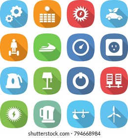 flat vector icon set - gear vector, sun power, eco car, hoverboard, jet ski, barometer, socket, kettle, floor lamp, on off button, server, solar, plow, windmill