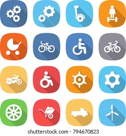 flat vector icon set - gear vector, gyroscooter, hoverboard, baby stroller, bike, disability, motorcycle, invalid, handwheel, wheel, wheelbarrow, pickup, windmill