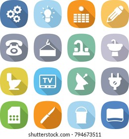 flat vector icon set - gear vector, bulb, sun power, pencil, phone, loading crane, water tap, sink, toilet, tv, satellite antenna, plug, sim card, knife, bucket, sponge