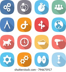 flat vector icon set - gear vector, circle diagram, stopwatch, group, drawing compasses, trip, route, earth, dog, watch, washing, hair dryer, gears, coil, laser