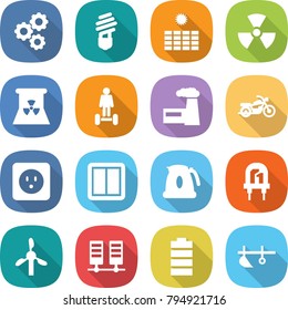 flat vector icon set - gear vector, bulb, sun power, nuclear, hoverboard, factory, motorcycle, socket, switch, kettle, led, windmill, server, battery, plow