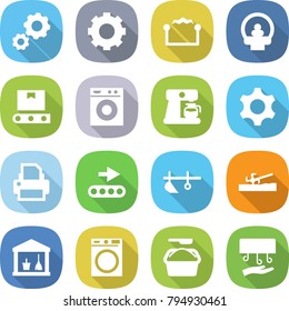 flat vector icon set - gear vector, electrostatic, tomography, transporter tape, washing machine, coffee maker, printer, conveyor, plow, soil cutter, utility room, powder, hand dryer