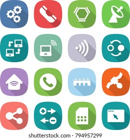 flat vector icon set - gear vector, phone, hex molecule, satellite antenna, notebook connect, wireless, quantum bond, home, bridge, share, charge particle, sim card, browser window