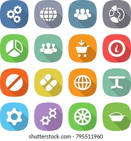 flat vector icon set - gear vector, globe, group, circle diagram, add to cart, info, pill, table, dna edit, wheel, foam basin