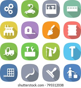 flat vector icon set - gear vector, electric car, tools, bunker, factory, measuring tape, construction, barrel, fork loader, repair, oil pump, hammer, solar panel, sickle, scraper, garbage bin