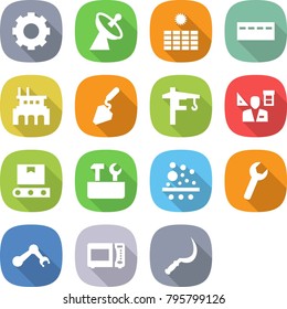 flat vector icon set - gear vector, satellite antenna, sun power, bunker, factory, construction, tower crane, architector, transporter tape, repair tools, filter, wrench, robot hand, microwave oven