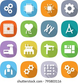 flat vector icon set - gear vector, chip, cpu, cardio, chromosomes, draw compass, factory, tower crane, consolidated cargo, workman, gears, circuit