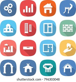 flat vector icon set - gear vector, graph, home, greate wall, mansion, skyscrapers, window, brick, city, level, plan, real estate, arch, bungalow, antique column, barn