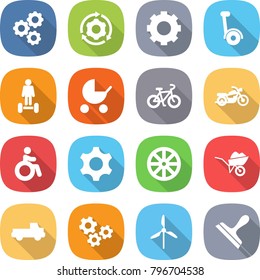 flat vector icon set - gear vector, around, gyroscooter, hoverboard, baby stroller, bike, motorcycle, invalid, wheel, wheelbarrow, pickup, gears, windmill, scraper